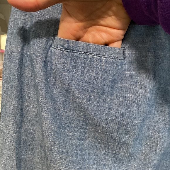 Blue Chambray Straight Leg Drawstring Capri Relaxed Fit Bohemian Pockets Pants - Picture 13 of 16